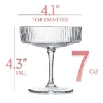 Vintage Art Deco Coupe Glasses | Set of 4 | 7 oz Classic Cocktail Glassware for Champagne, Martini, Manhattan, Cosmopolitan, Sidecar, Daiquiri | Crystal Speakeasy Style Saucer Goblets with Stems