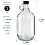 DESIYUE 2 Pack 64oz Glass Gallon Jugs with Handle and Black Plastic Lids, Half-Gallon, Glass Water Bottles, Glass Water Jug for Kombucha, Home Brew, Vanilla Extract, Beer, Soda, Milk, Cider (Clear)