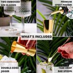 Vemacity Luxury Gin Glasses Set of 2 w/Gold Rims| Gold Spoon, Spirit Measure, Spirit Pourer & Recipe e-Book| Crystal Gin Glass Gift Set| Aperol Spritz Glasses| Cocktail Glasses| Gin Glasses for Women