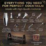 Aberdeen Oak Mixology Bartender Kit – Extra Thick Stainless Steel Cocktail Shaker Set for Mixing – Includes XL Boston Shaker & Premium Bamboo Stand (Bartender Kit)